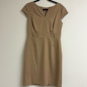 Antonio Melani Tan Sheath dress with cap sleeve and belted waist detail. Size 10